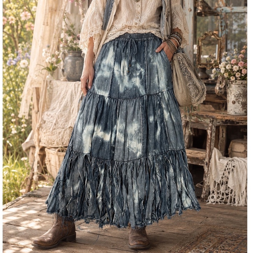 A Rare Bird Fringe With It Skirt Denim Maxi Boho Tiered Acid Wash L XL xx - Picture 1 of 8